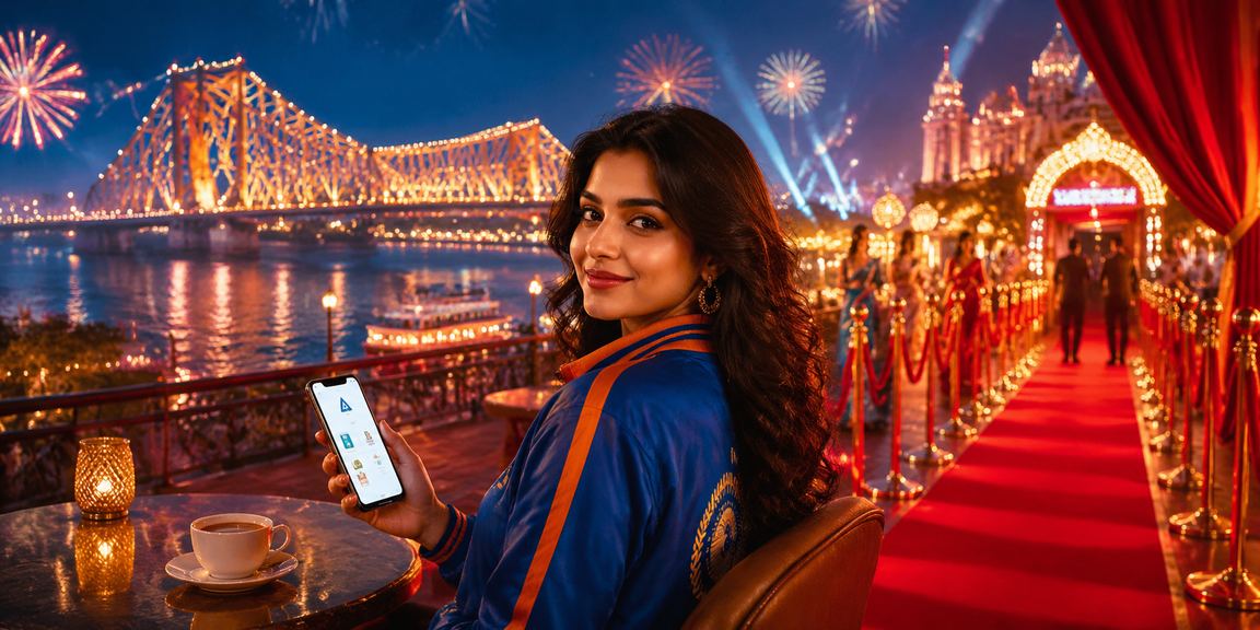 Kolkata cricket betting promotion with vibrant red and gold colors at Howrah Bridge